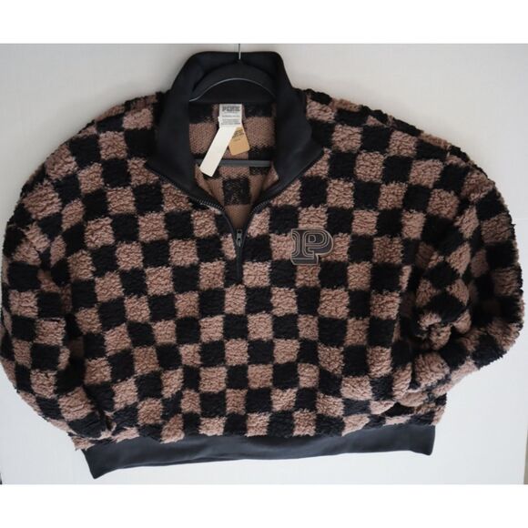 PINK x Victoria's Secret WMNs Sz XL Brown Checkered Cozy Fleece 1/2 Zip Pullover - Picture 8 of 10